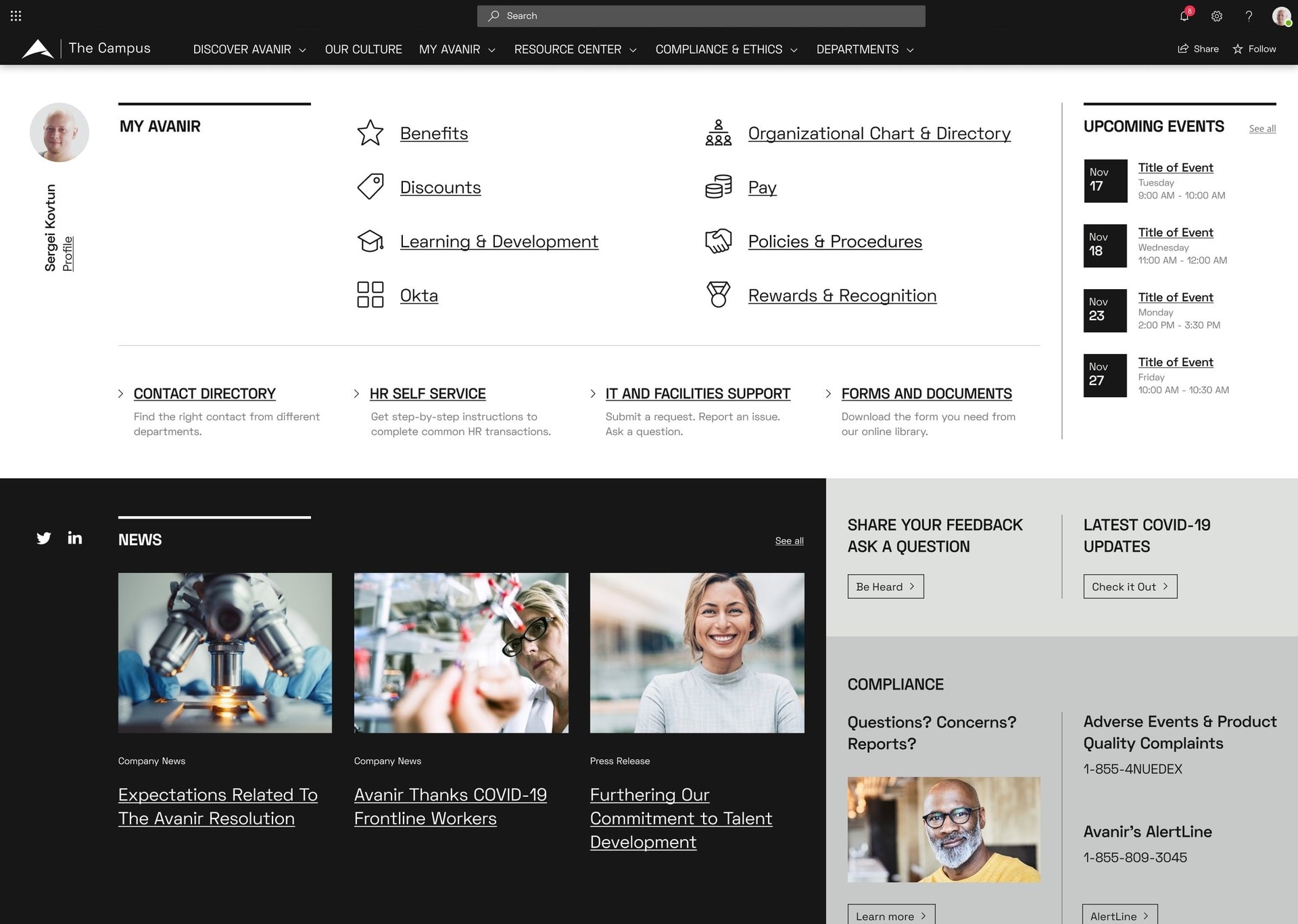 The Campus homepage in black and white