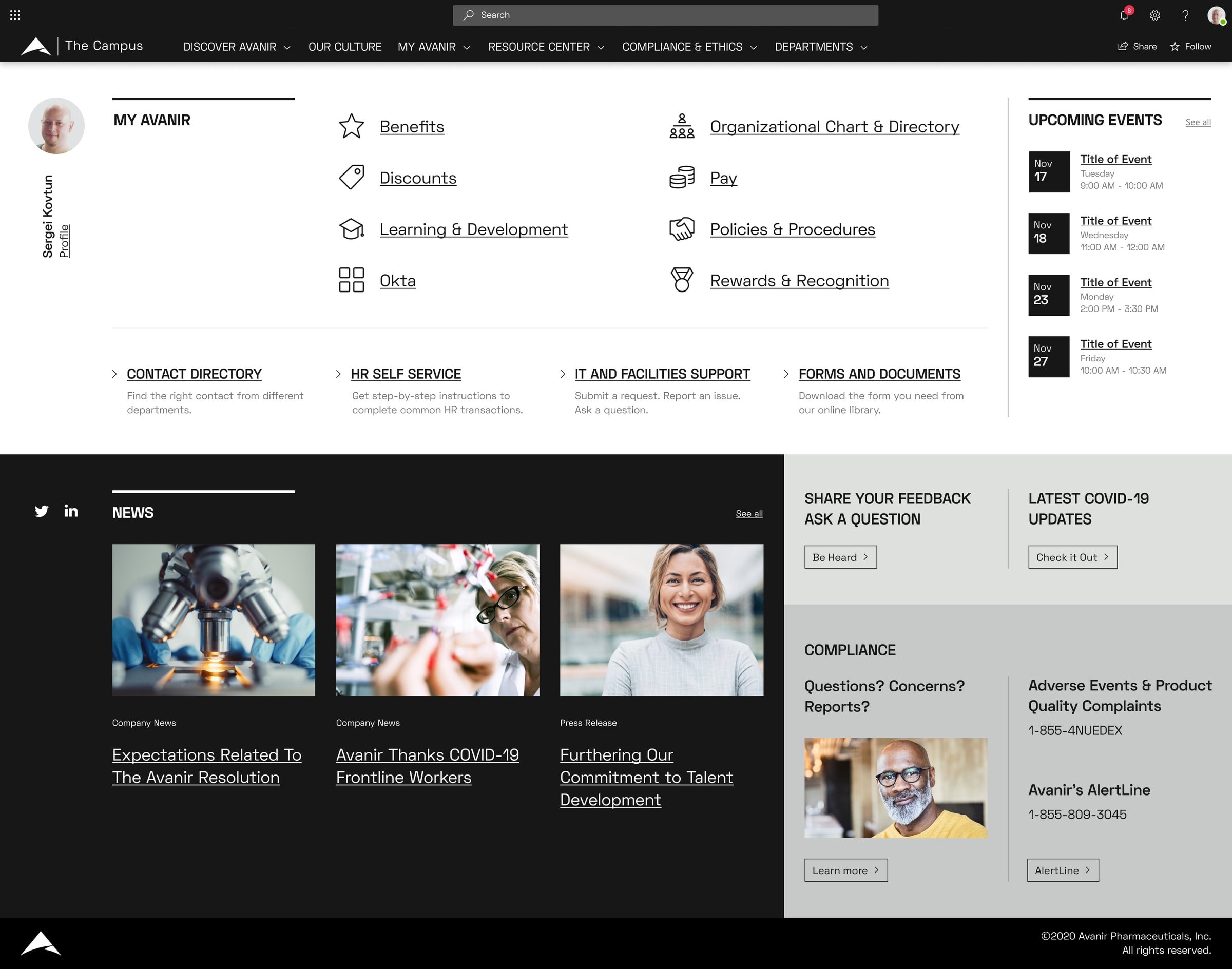 The Campus, the redesigned Avanir intranet homepage