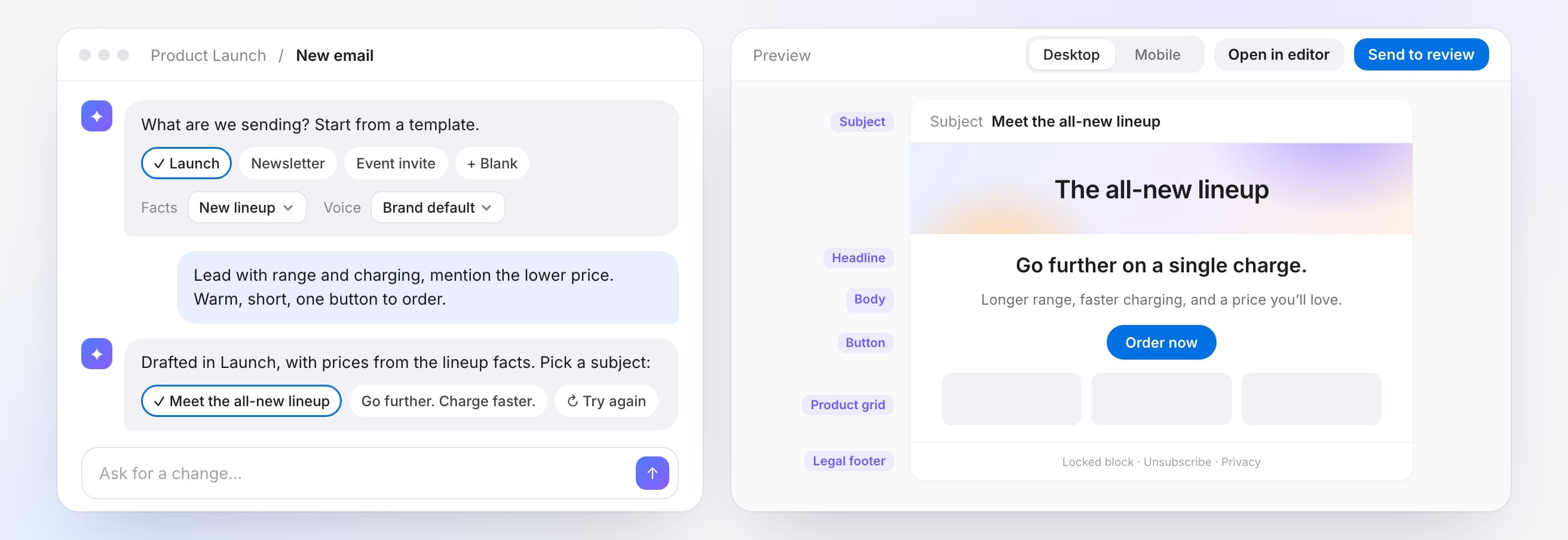 Chat that drafts a launch email next to a live preview of the template blocks