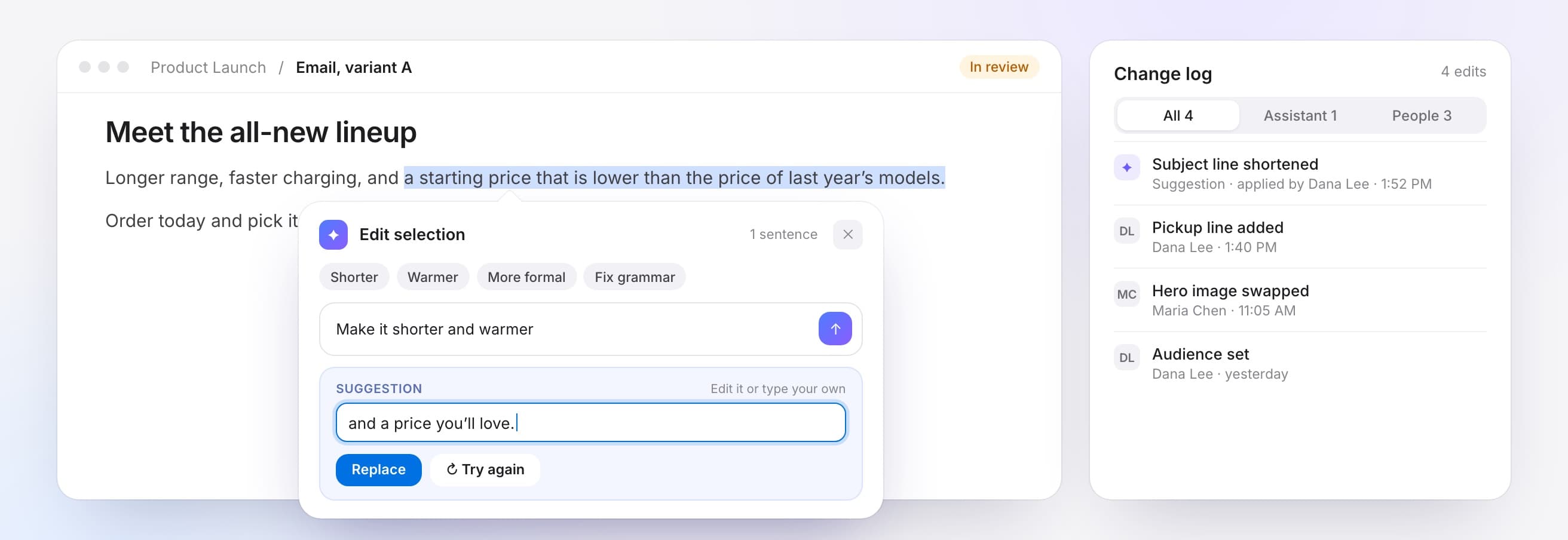 Edit selection popover over a sentence in an email under review